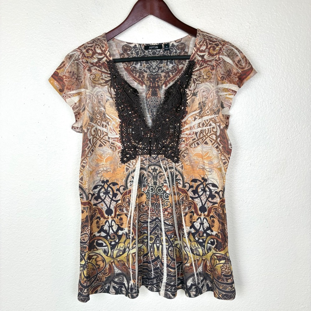 Vtg Y2K 90s Apt 9 Top Sz M Fairy Grunge Crochet Whimsigoth Paisley V Neck Boho